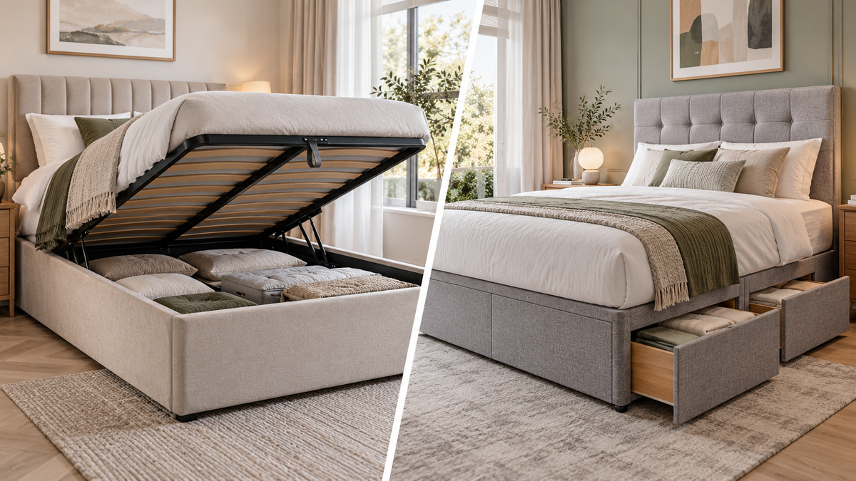 Side-by-side comparison of an ottoman bed with lift-up storage and a divan bed with storage drawers