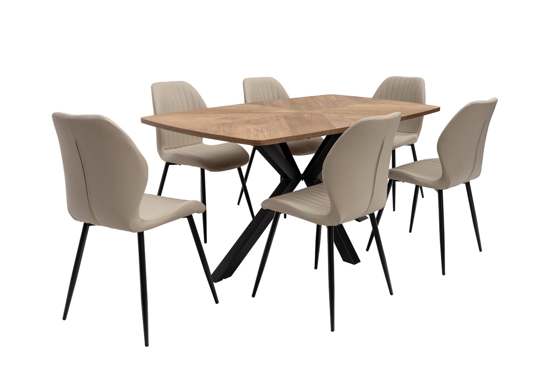 Hampton Medium Oak Veneer 1.6m Dining Table – Symmetrical Inlay with X-Frame Black Base