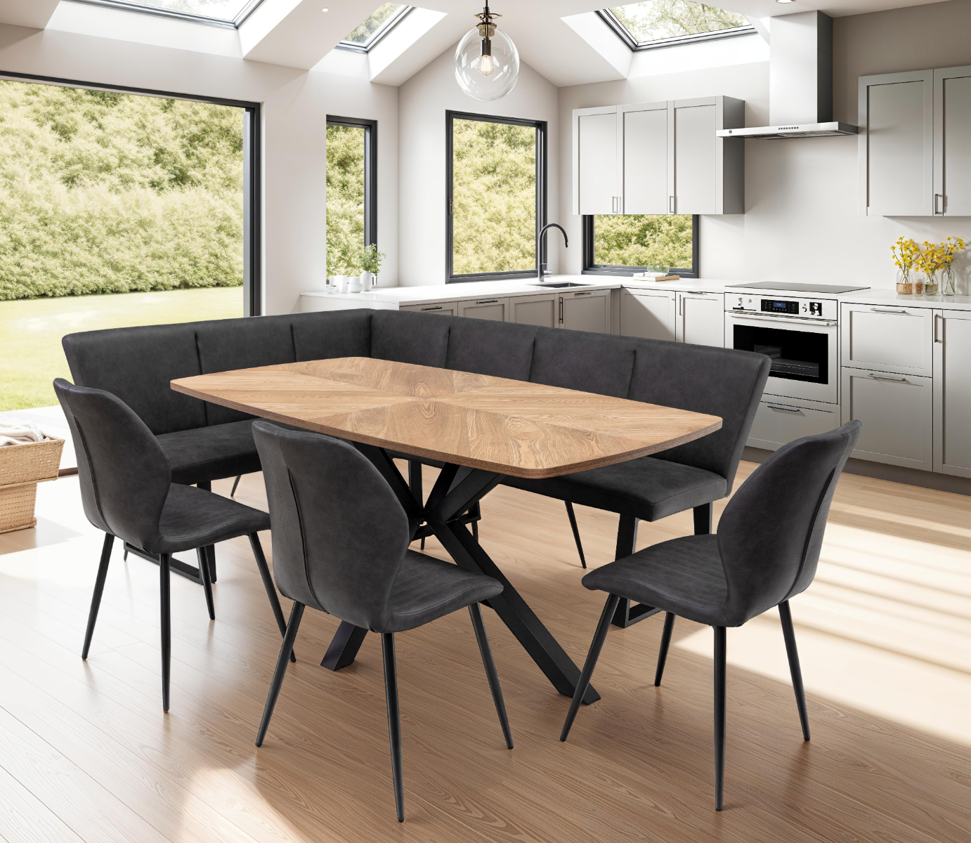 Hampton Medium Oak Veneer 1.6m Dining Table – Symmetrical Inlay with X-Frame Black Base