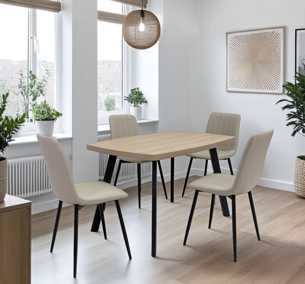 Dalton Light Oak Fixed Dining Tables – Contemporary Design with Curved Edges and Black Steel Legs