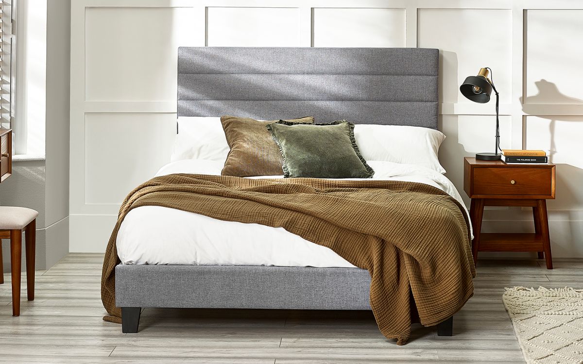 Merida Double Bed 135cm - Grey Linen | Upholstered Bed with Tufted Headboard