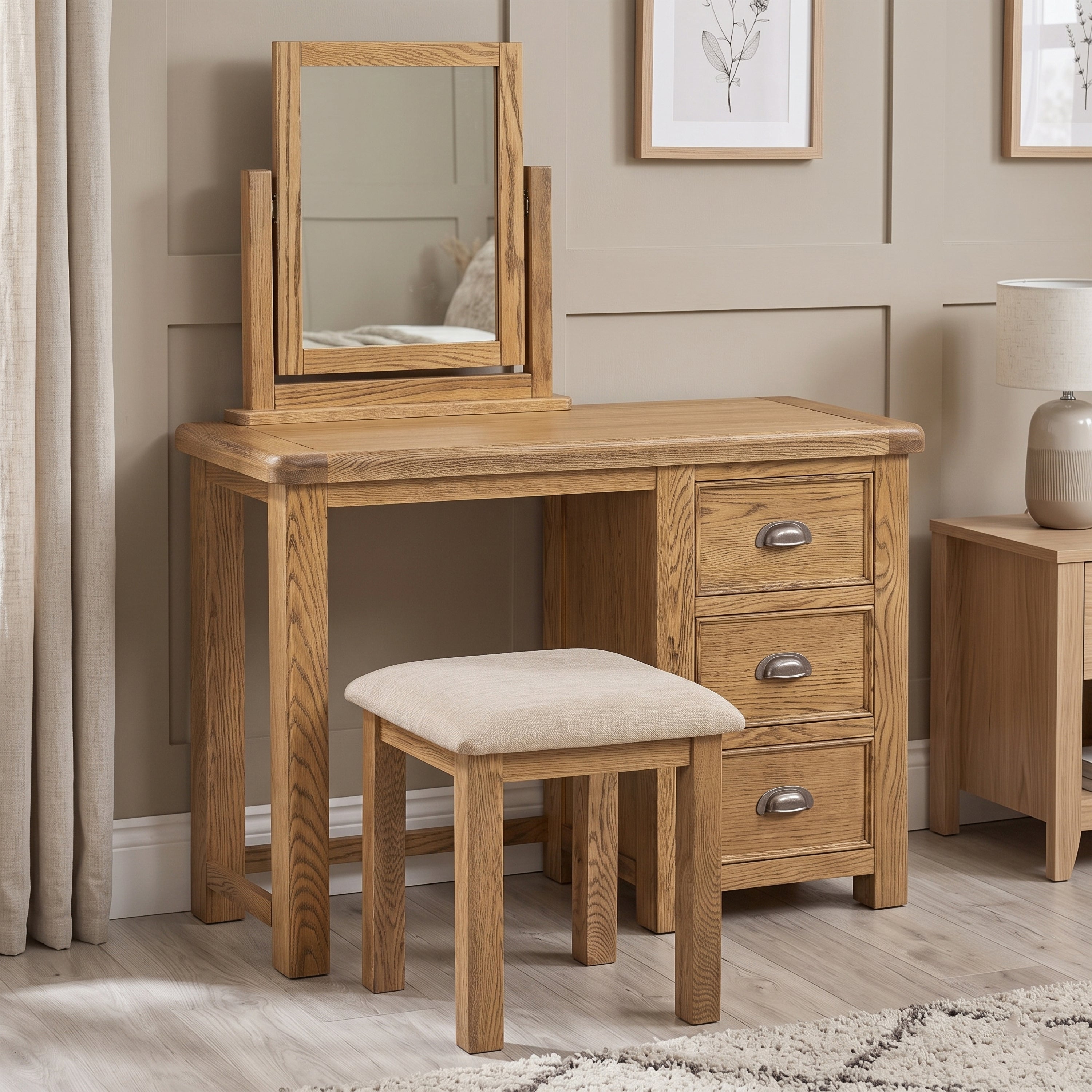 Dorchester Oak Dressing Table, Vanity Mirror & Stool