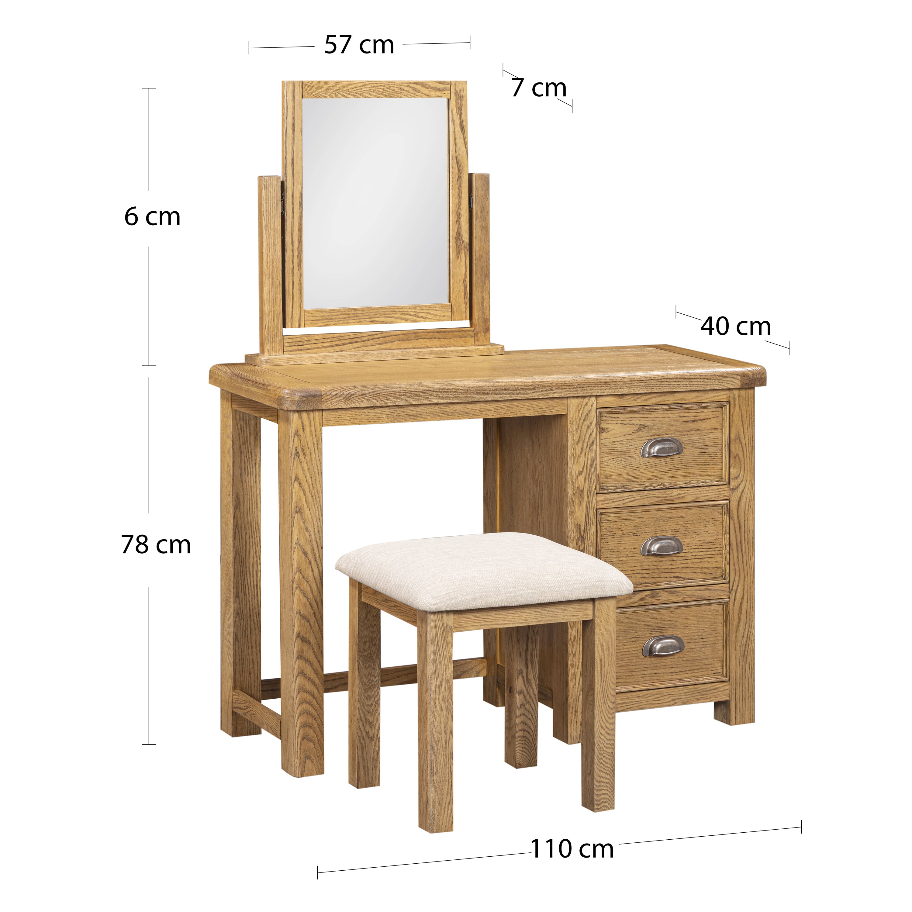 Dorchester Oak Dressing Table, Vanity Mirror & Stool