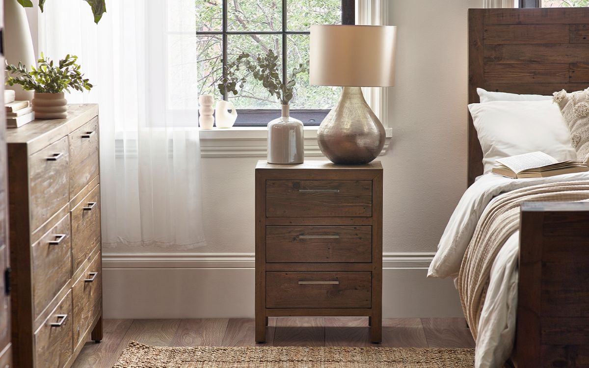 Heritage 3 Drawer Bedside – Distressed Reclaimed Wood with Industrial Style