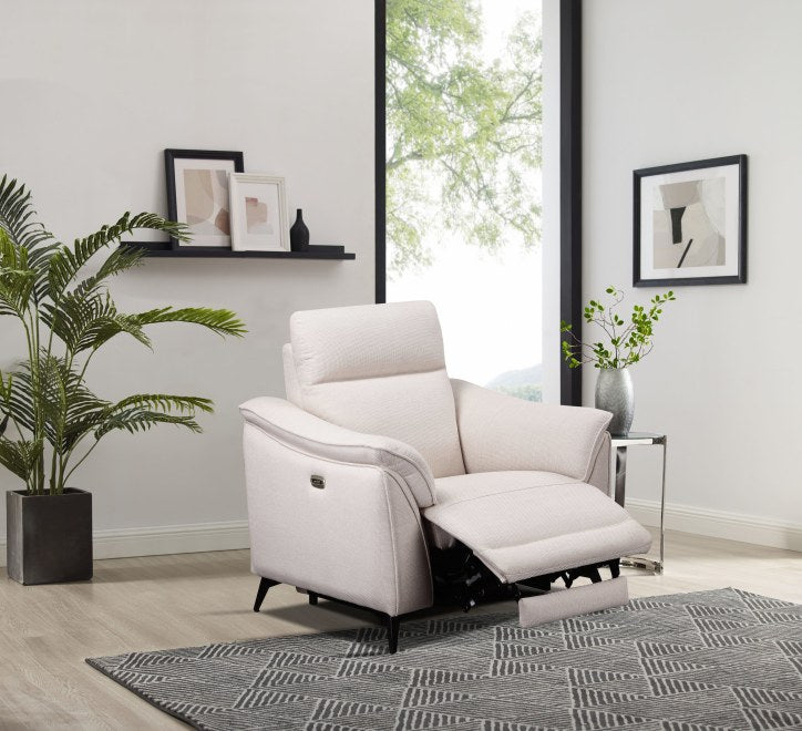 Austin 1 Seater Electric Recliner Sofa – Soft White Fabric with USB Charging