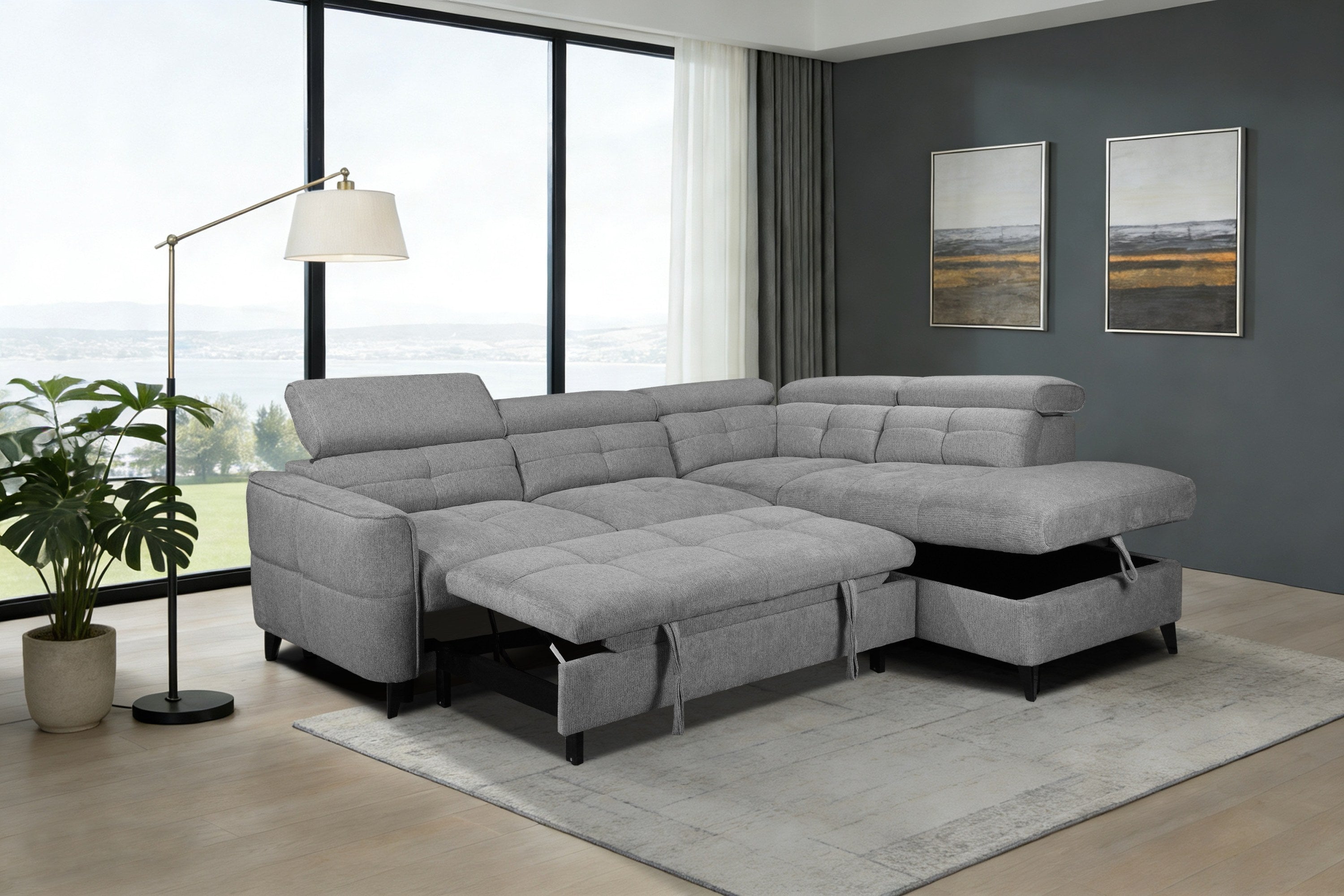 Sophie Corner Sofa – Grey Fabric with Adjustable Headrests
