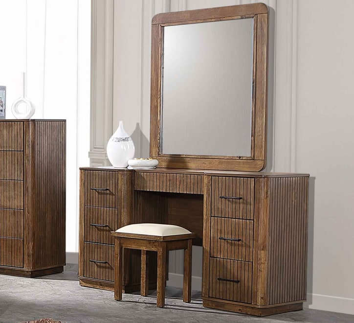 Vienna Dressing Table Set – Walnut Finish with Integrated Mirror