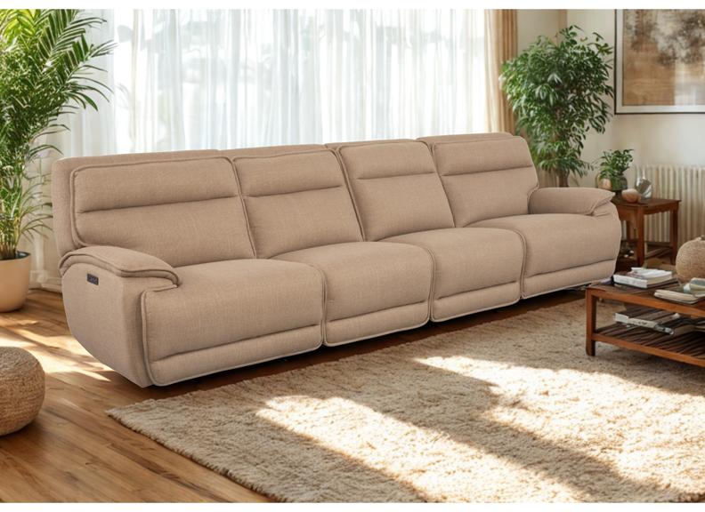 Louise Fabric Four Seat Powered Reclining 3PP Sofa – Polyester Electric Reclining Couch with Optional Charging/Beverage Console