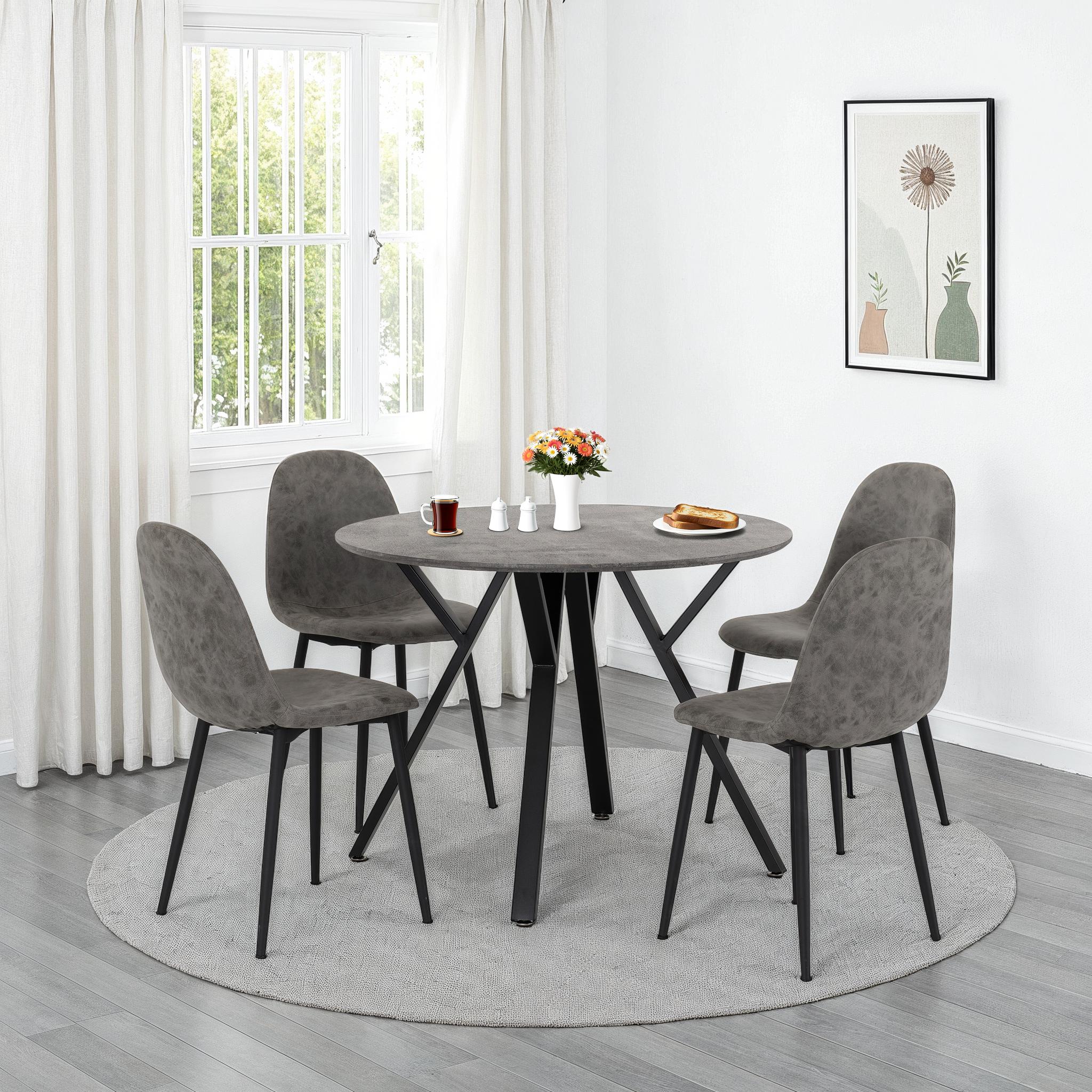 Athens Round Dining Set Concrete Effect/Black/Grey Faux Leather