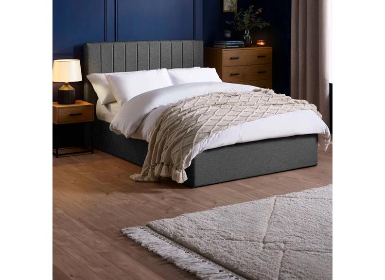 Aylen Storage Bed In Dark Grey Faux Linen Fabric – Modern Upholstered Bed With Vertically Lined Headboard