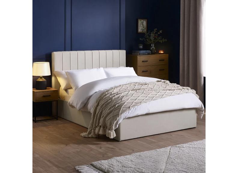 Aylen Cream Fabric Storage Bed with Cushioned Vertical Lined Headboard – Modern Upholstered Fabric Bed