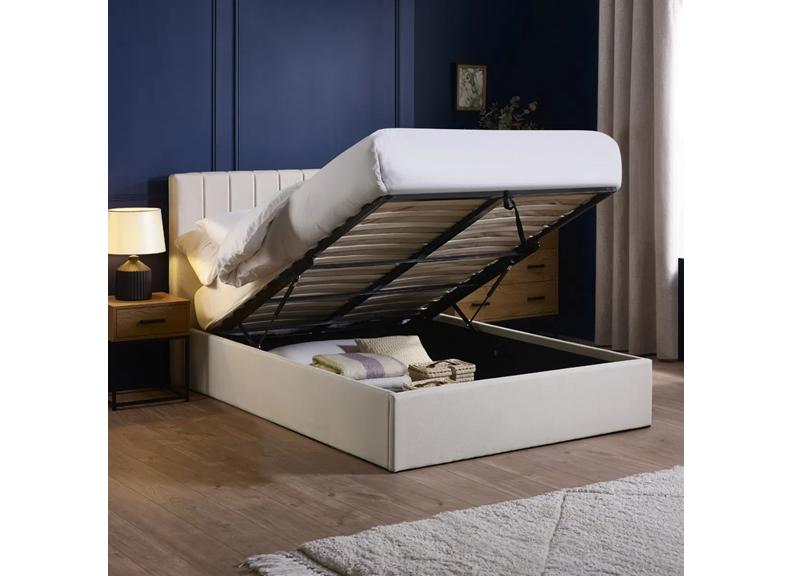 Aylen Cream Fabric Storage Bed with Cushioned Vertical Lined Headboard – Modern Upholstered Fabric Bed