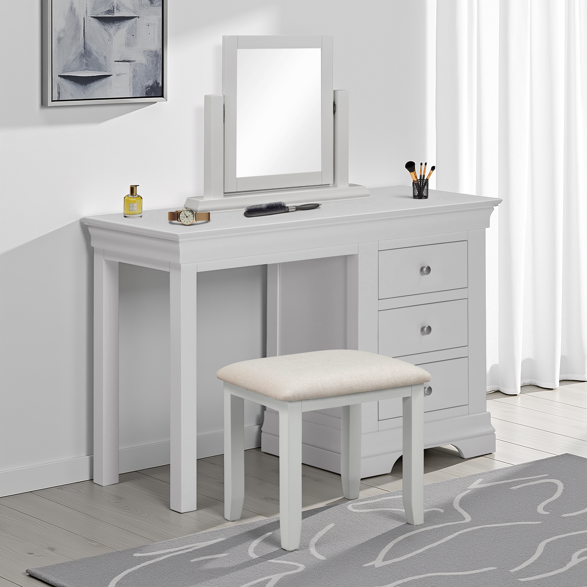 Bordeaux 3 Drawer Dressing Table Set Pebble Grey/Oat Fabric