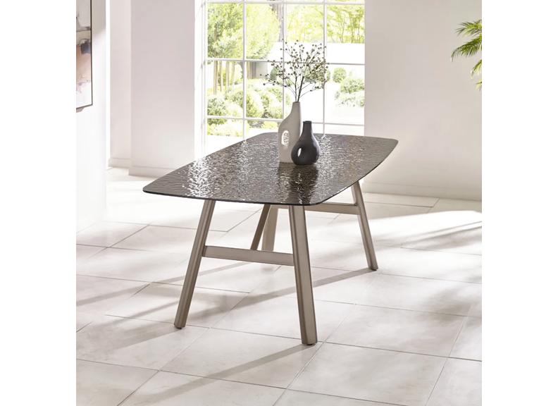 Callisto ‘Bubble Glass’ Dining Table – Smoked Textured Glass Top with Brushed Brass Designer Base