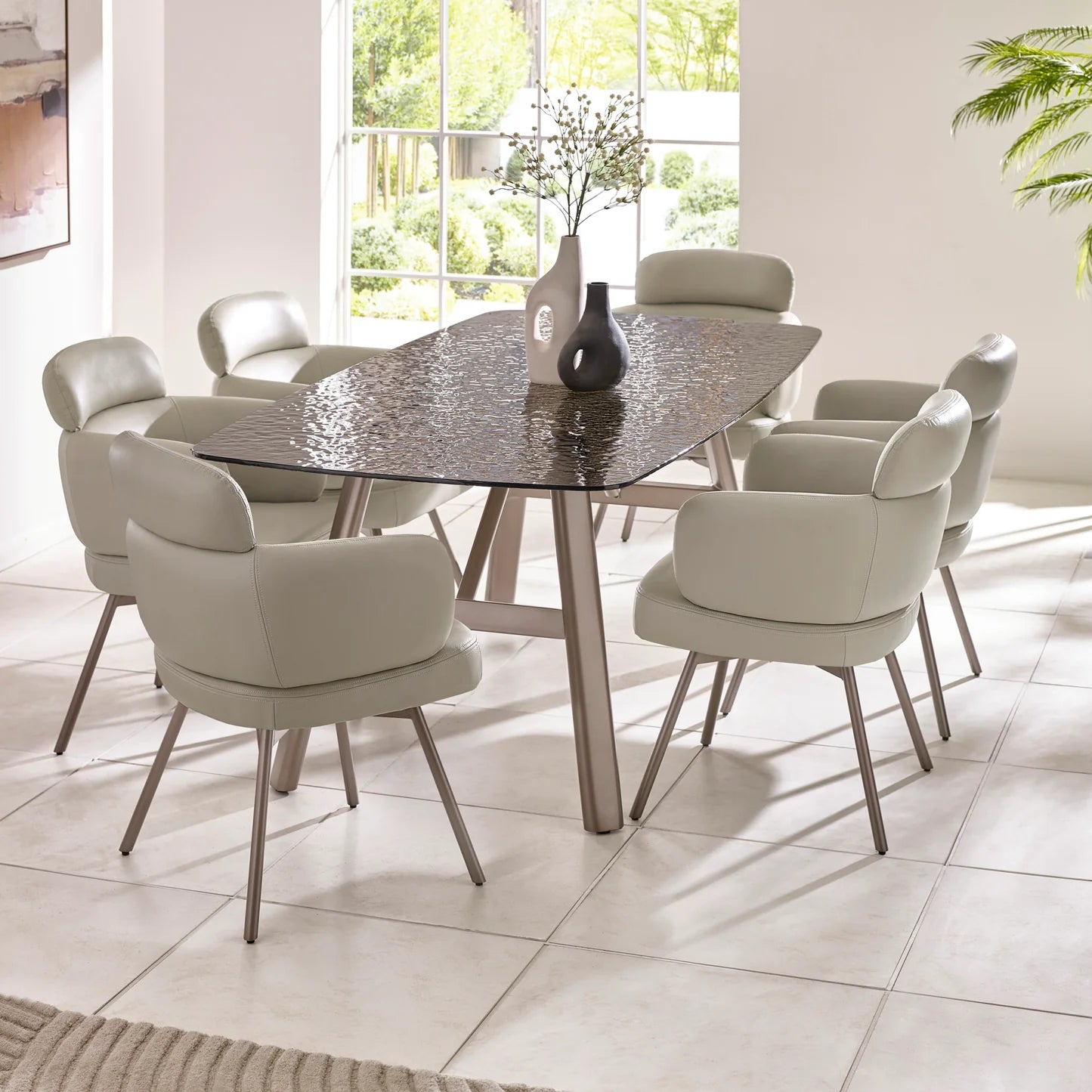Callisto ‘Bubble Glass’ Dining Set – Smoked Textured Glass Top With Faux Leather Dining Chairs