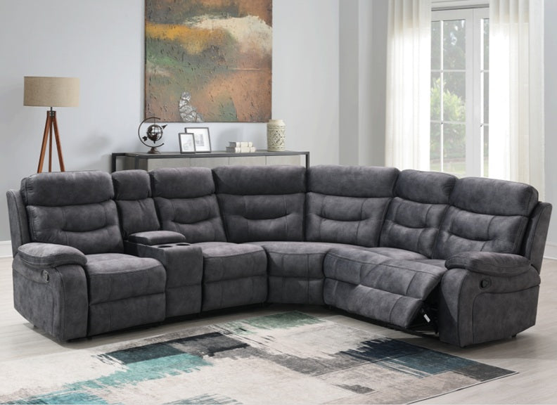 Carrie Grey Velvet Sectional W/Console & Power Option (LAF,ARM,WED,ARM,CON,RAF)
