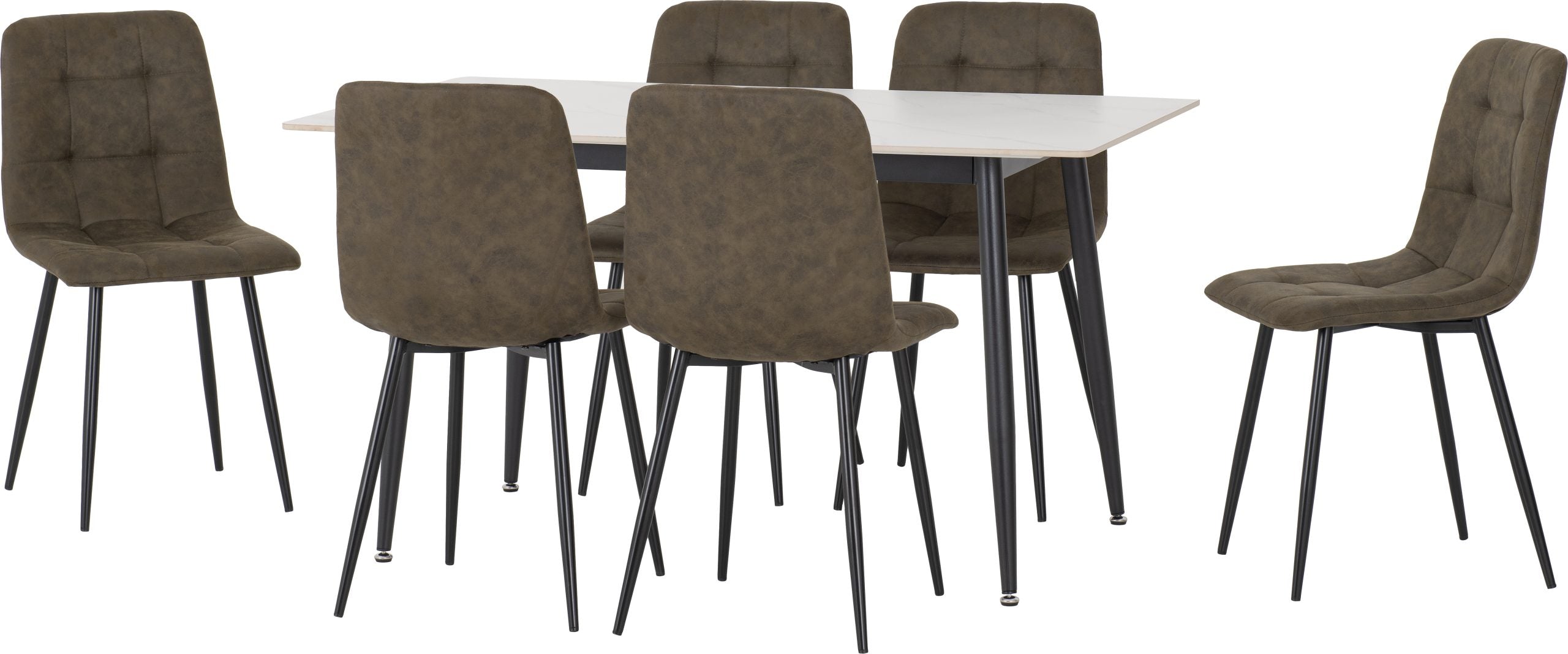 FENTON DINING SET (X6 CHAIRS) - WHITE/OLIVE GREEN SUEDE FABRIC