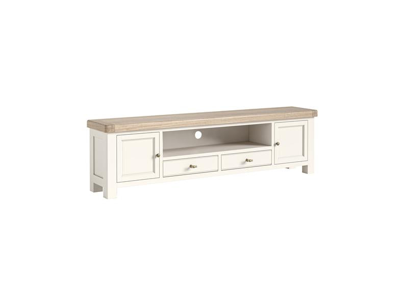 Windsor 2.1 m Rectangular TV Stand - Rustic Country Style Occasional Furniture With A Coconut White Frame & Oak Top – (GLH)