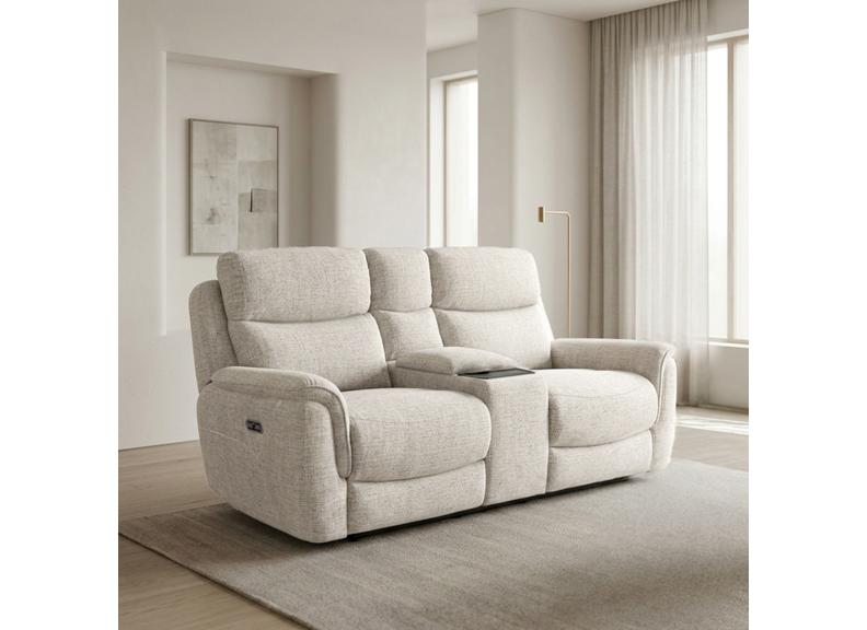 Kelmire Beige Fabric Powered Reclining 2 Seat Sofa with Console