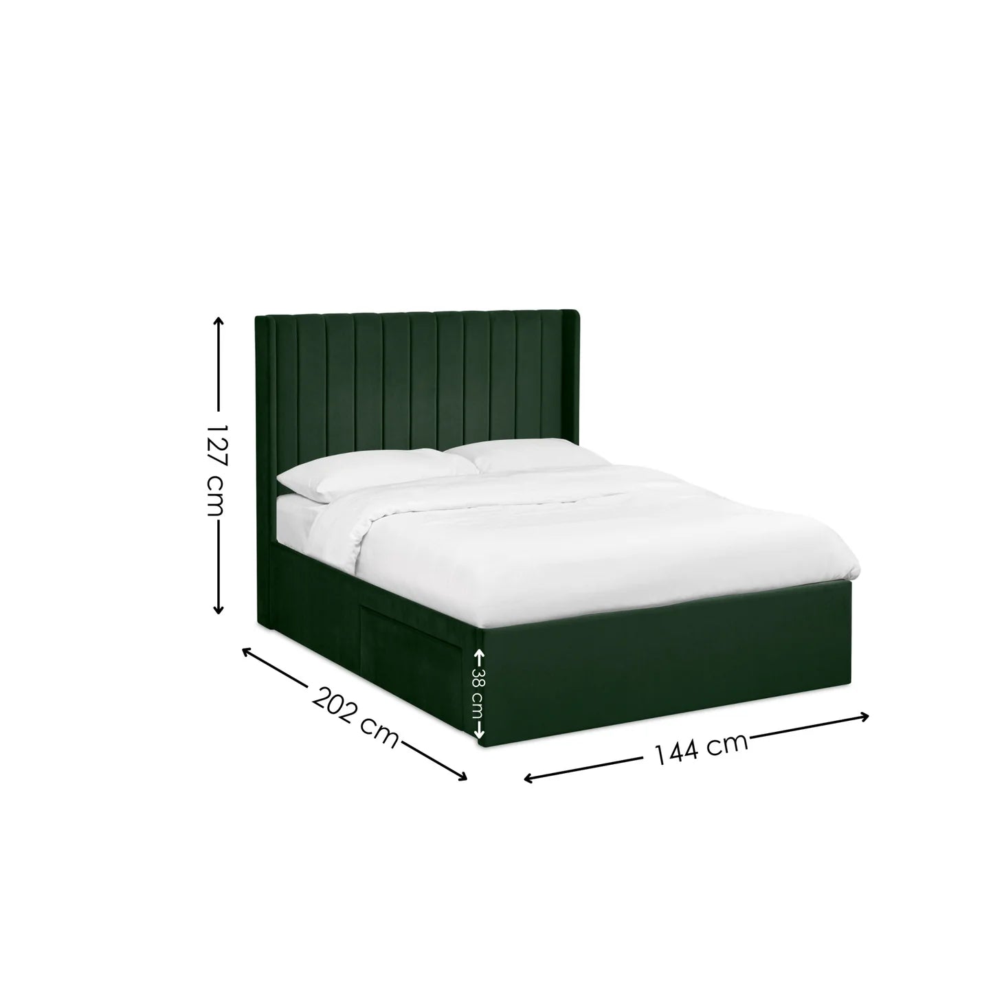 Leila Bottle Green Fabric Bed with Winged Headboard & Underbed Storage