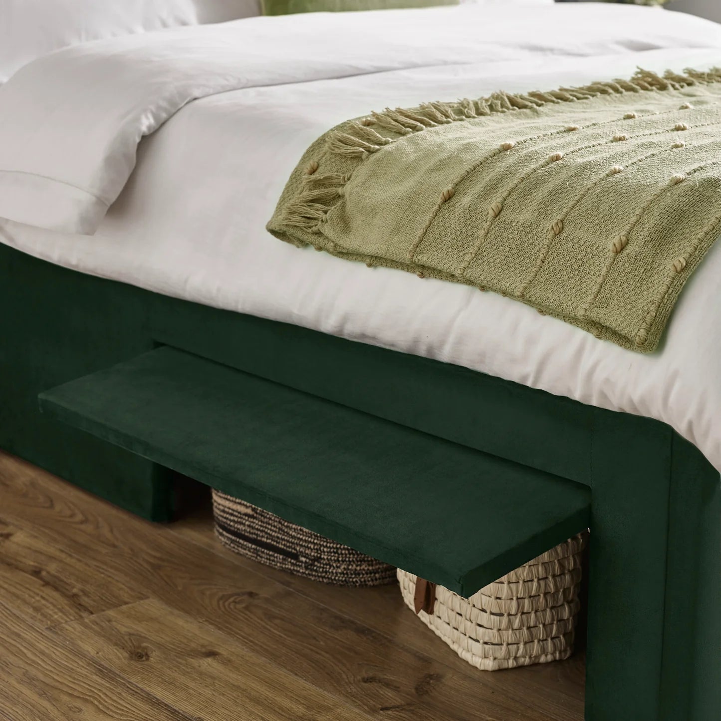 Leila Bottle Green Fabric Bed with Winged Headboard & Underbed Storage