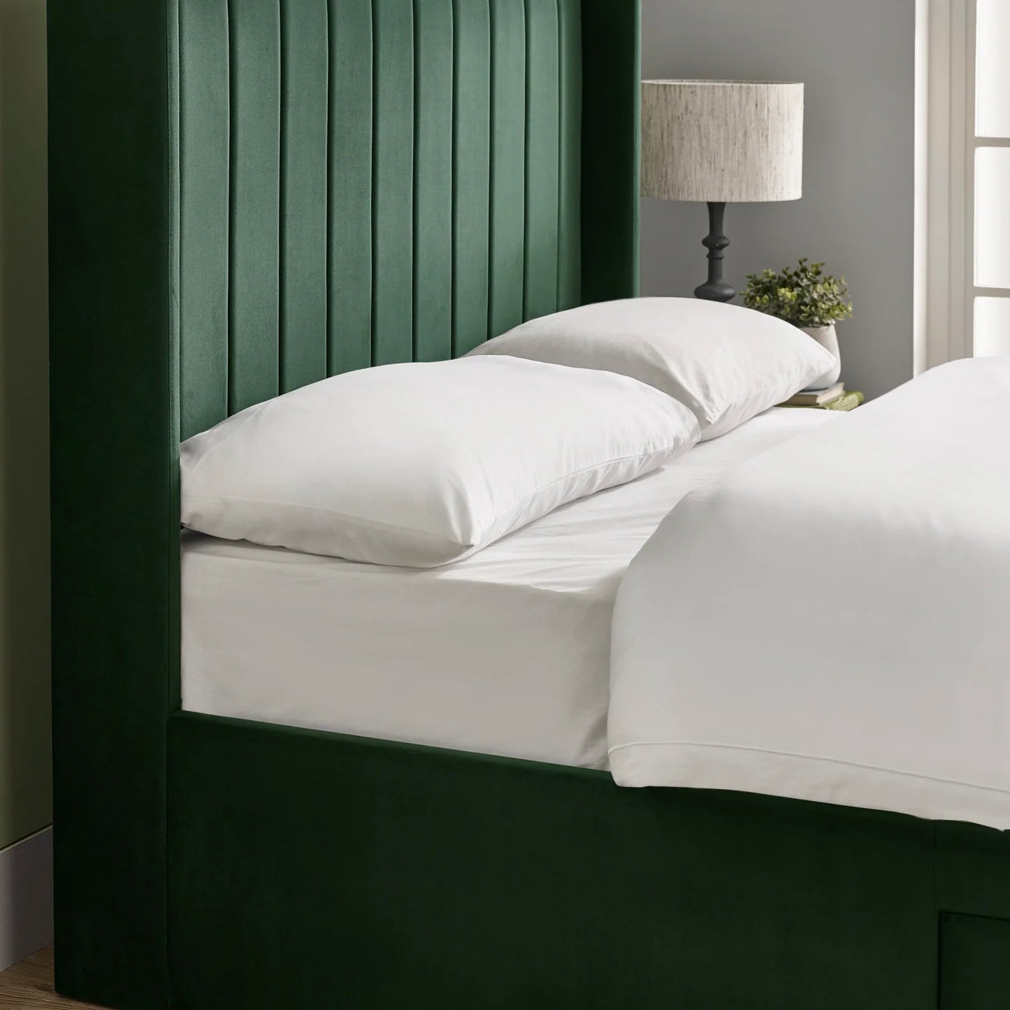 Leila Bottle Green Fabric Bed with Winged Headboard & Underbed Storage
