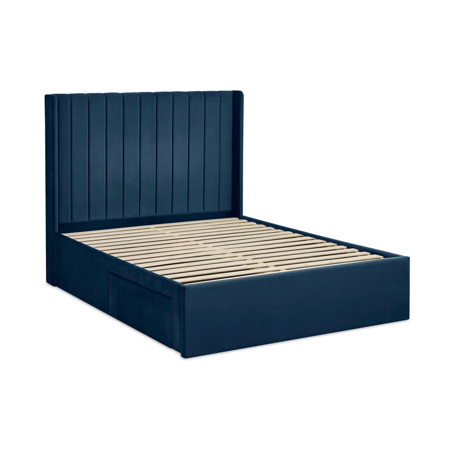 Leila Royal Blue Fabric Bed with Winged Headboard & Underbed Storage