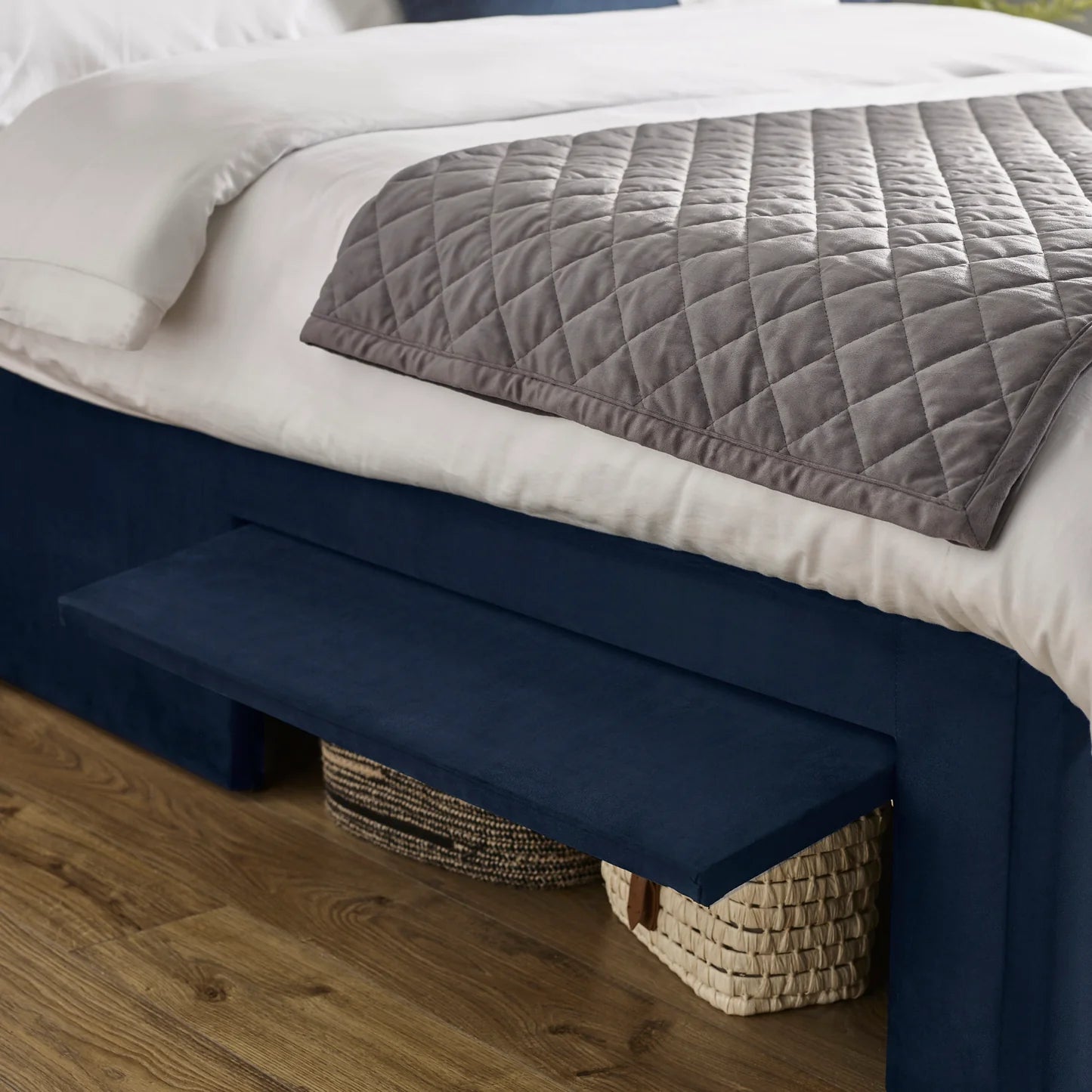 Leila Royal Blue Fabric Bed with Winged Headboard & Underbed Storage