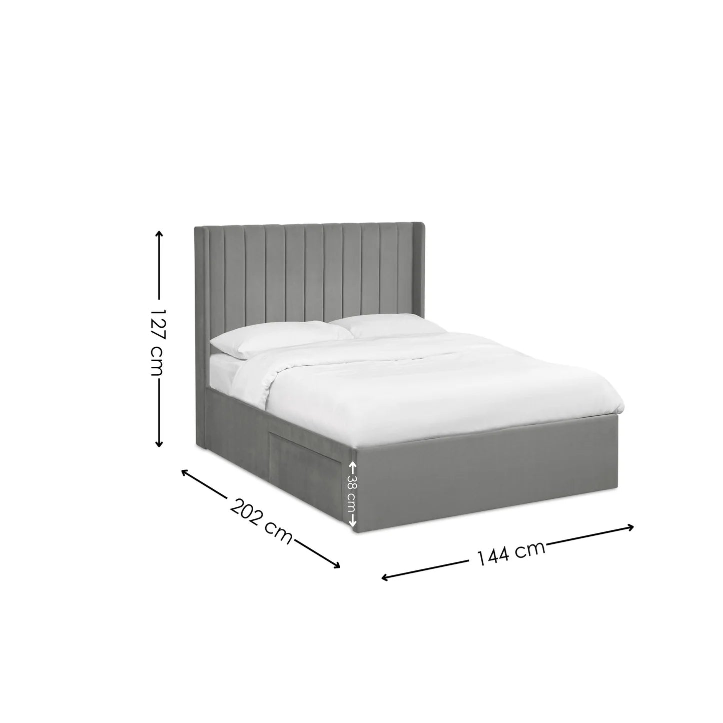 Leila Steel Grey Fabric Bed with Winged Headboard & Underbed Storage – Modern Upholstered Storage Bed