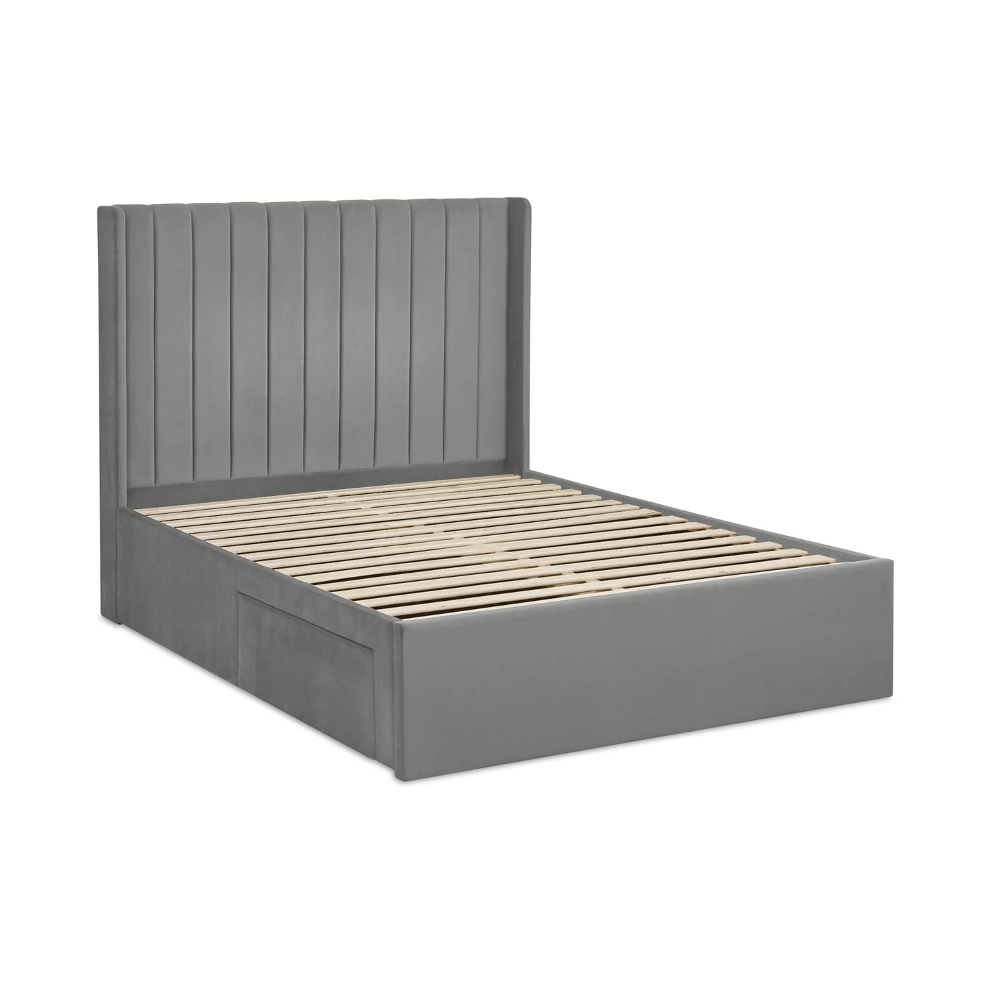 Leila Steel Grey Fabric Bed with Winged Headboard & Underbed Storage – Modern Upholstered Storage Bed