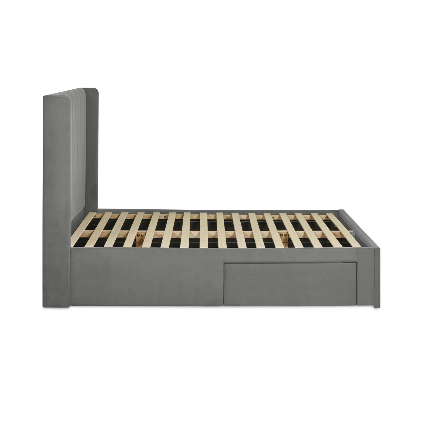 Leila Steel Grey Fabric Bed with Winged Headboard & Underbed Storage – Modern Upholstered Storage Bed