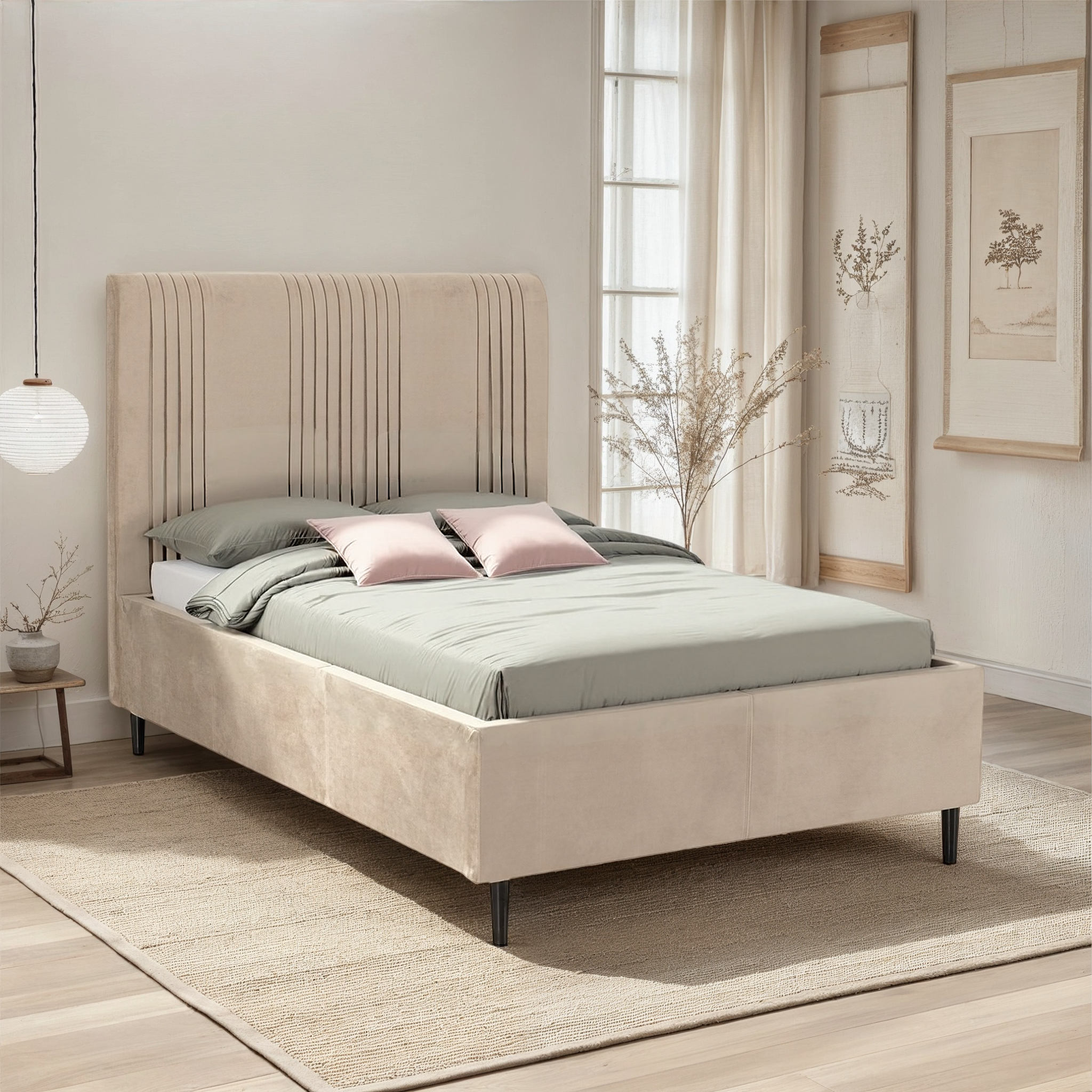Maine 4'6" Bed Taupe Velvet Fabric