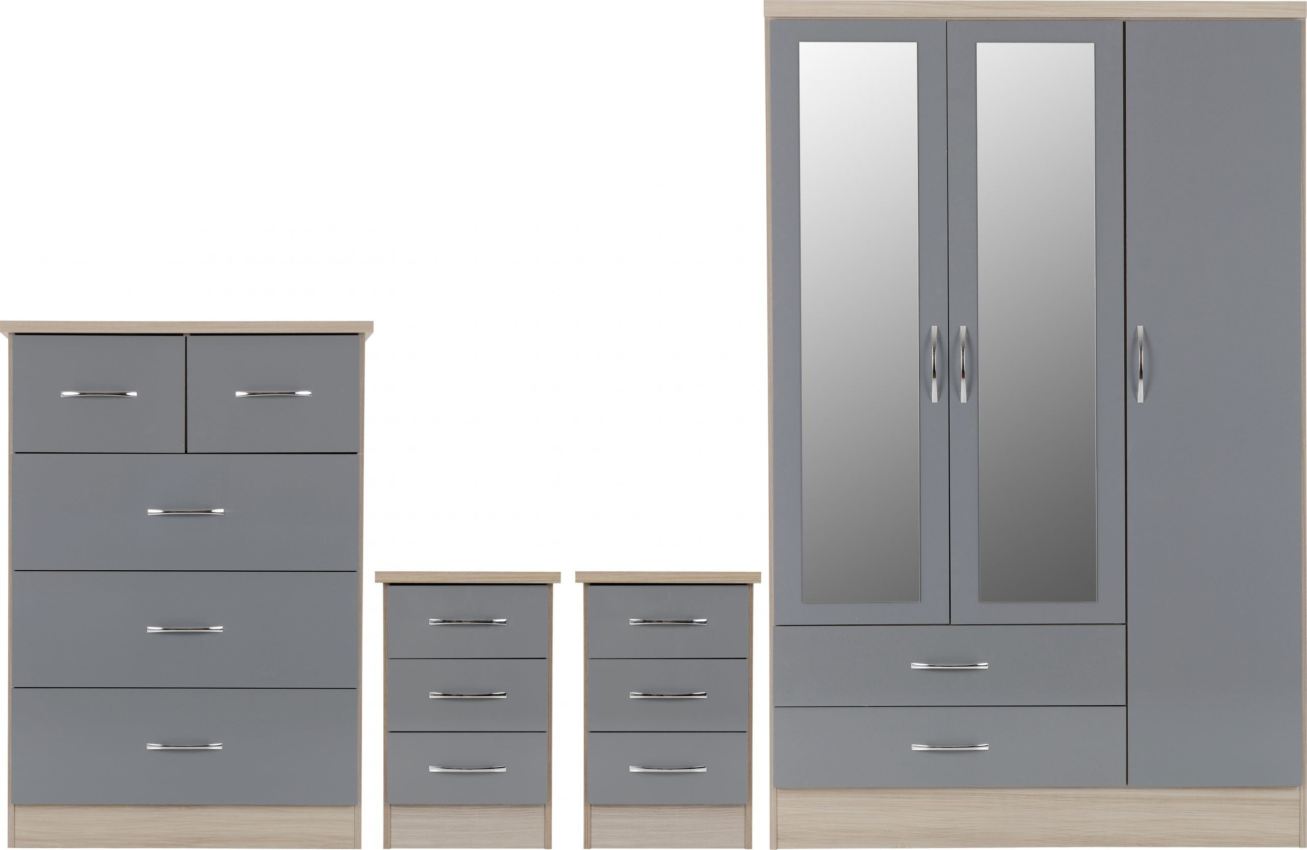 Nevada 3 Door 2 Drawer Mirrored Wardrobe Bedroom Set Grey Gloss/Light Oak Effect Veneer