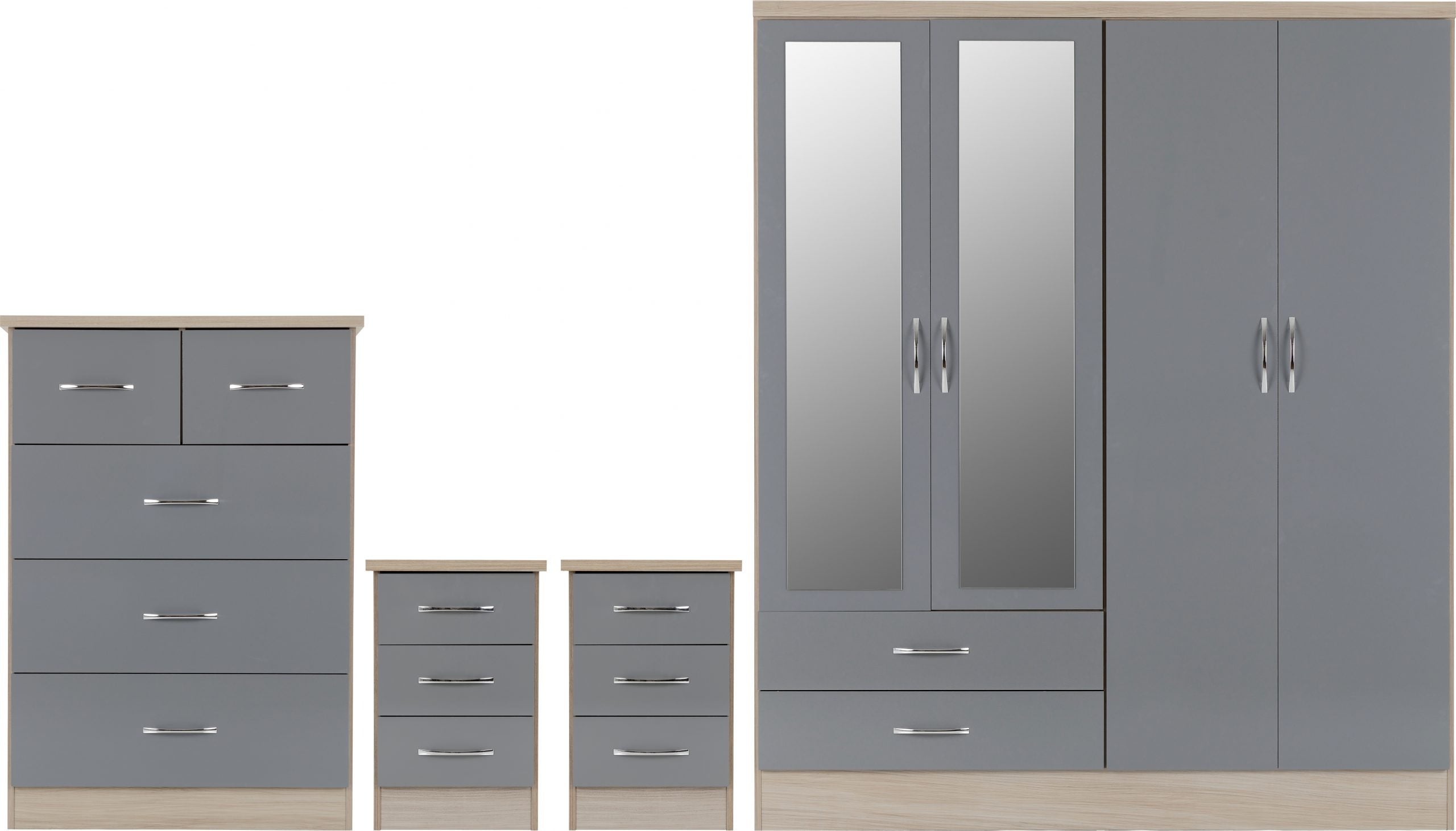 Nevada 4 Door 2 Drawer Mirrored Wardrobe Bedroom Set Grey Gloss/Light Oak Effect Veneer
