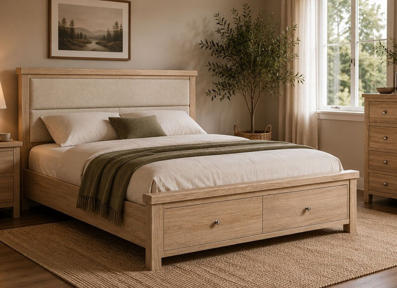 Normandy Bed Frame | Cream Herringbone Fabric Headboard With In A Whitewashed Finish