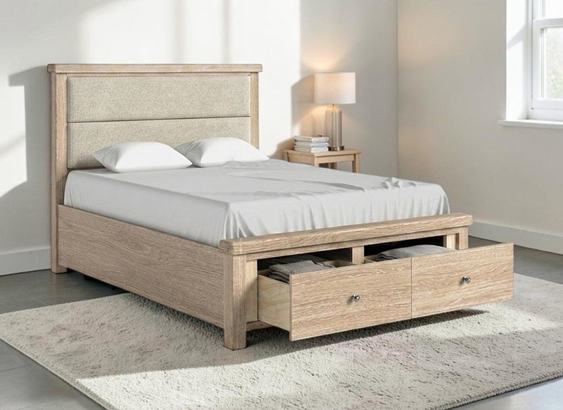 Normandy Bed Frame | Cream Herringbone Fabric Headboard With In A Whitewashed Finish
