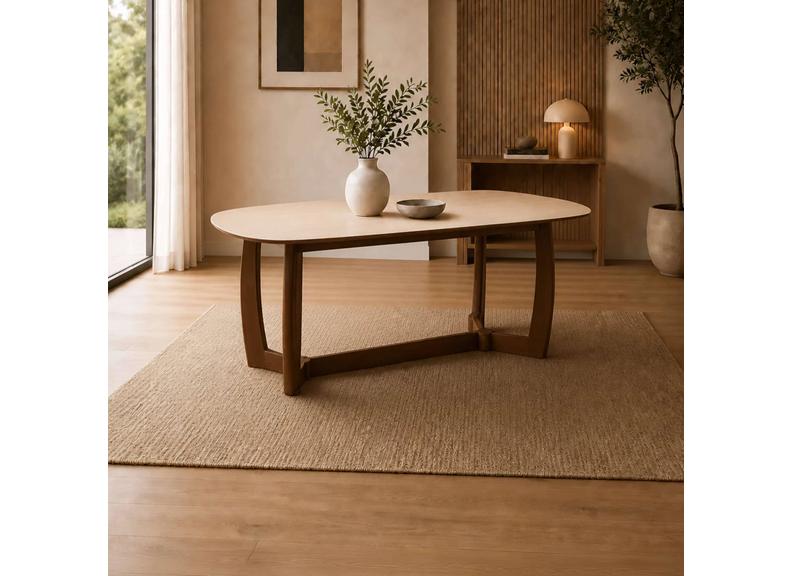 Portland Fixed Dining Table | Walnut effect Frame & Natural Stone Top
