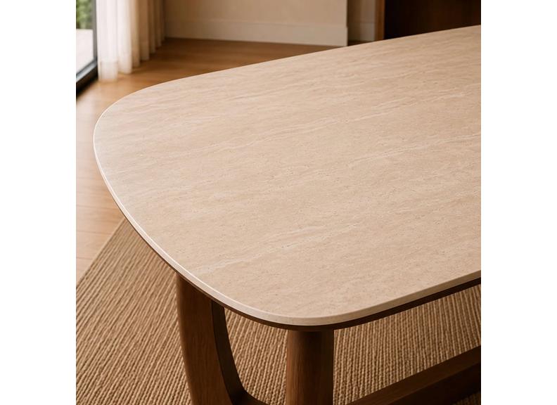 Portland Fixed Dining Table | Walnut effect Frame & Natural Stone Top