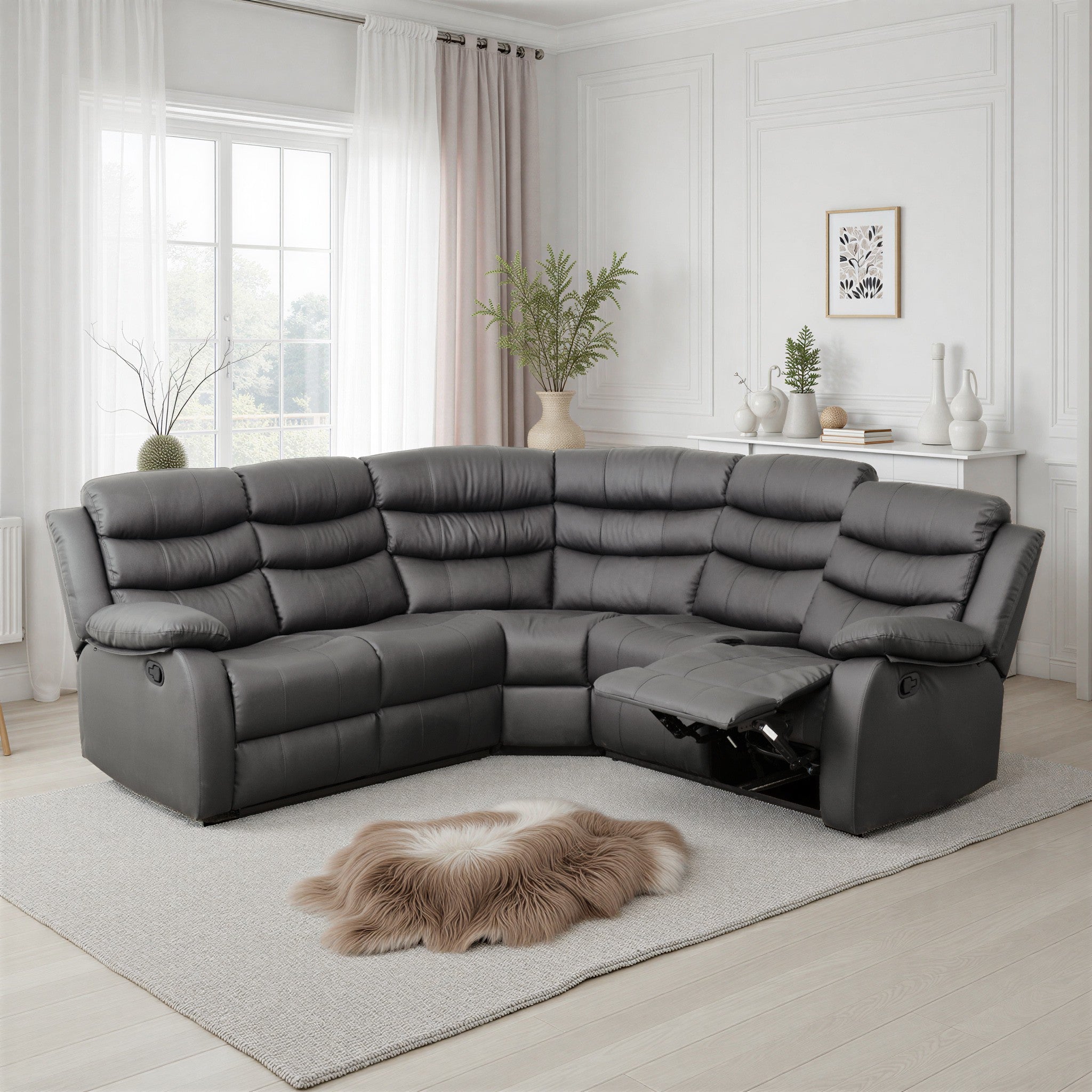 Roma Corner Recliner Sofa Grey Faux Leather