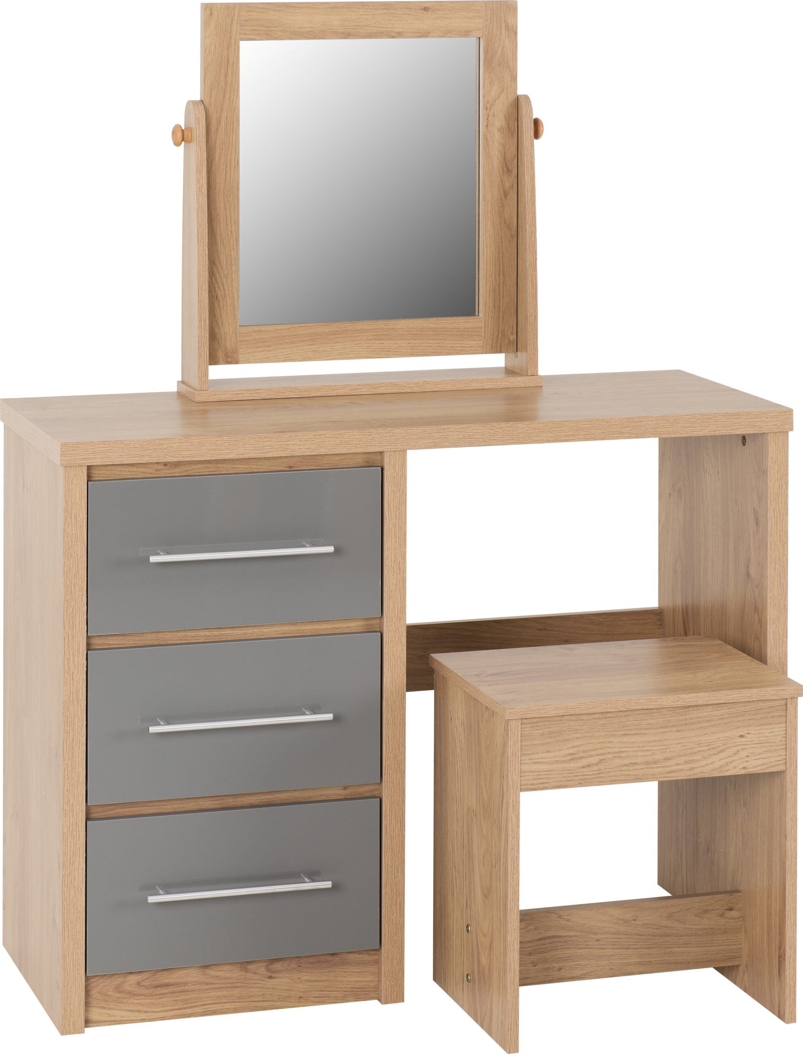 Seville 3 Drawer Dressing Table Set Grey High Gloss/Light Oak Effect Veneer