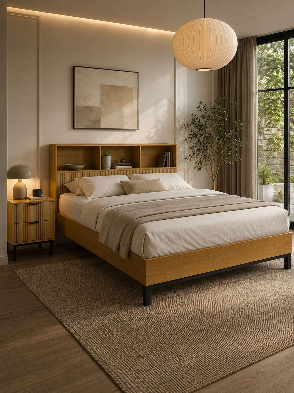 Sia Bookcase Headboard Bed - Light Oak Effect, Double