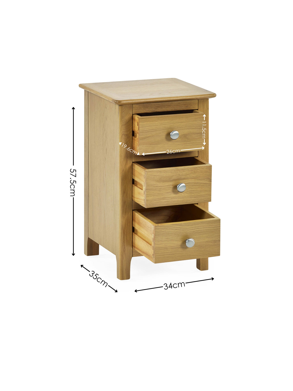 Somerset Oak Compact 3 Drawer Bedside Table