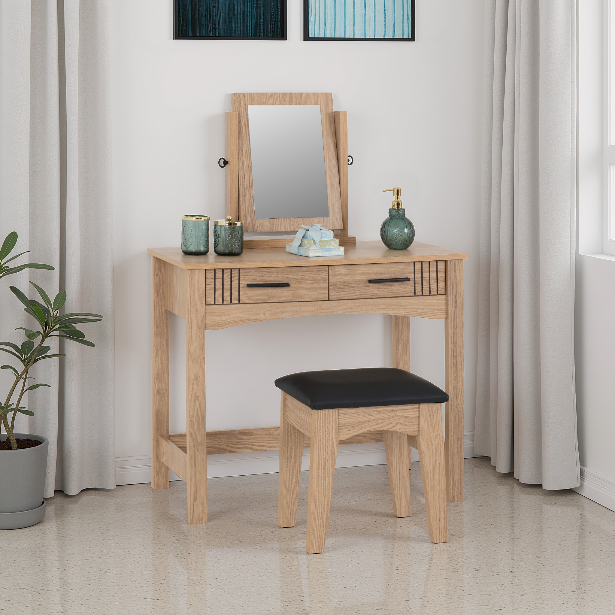 Tessa 2 Drawer Dressing Table Set - Natural Oak Effect/Black Faux Leather