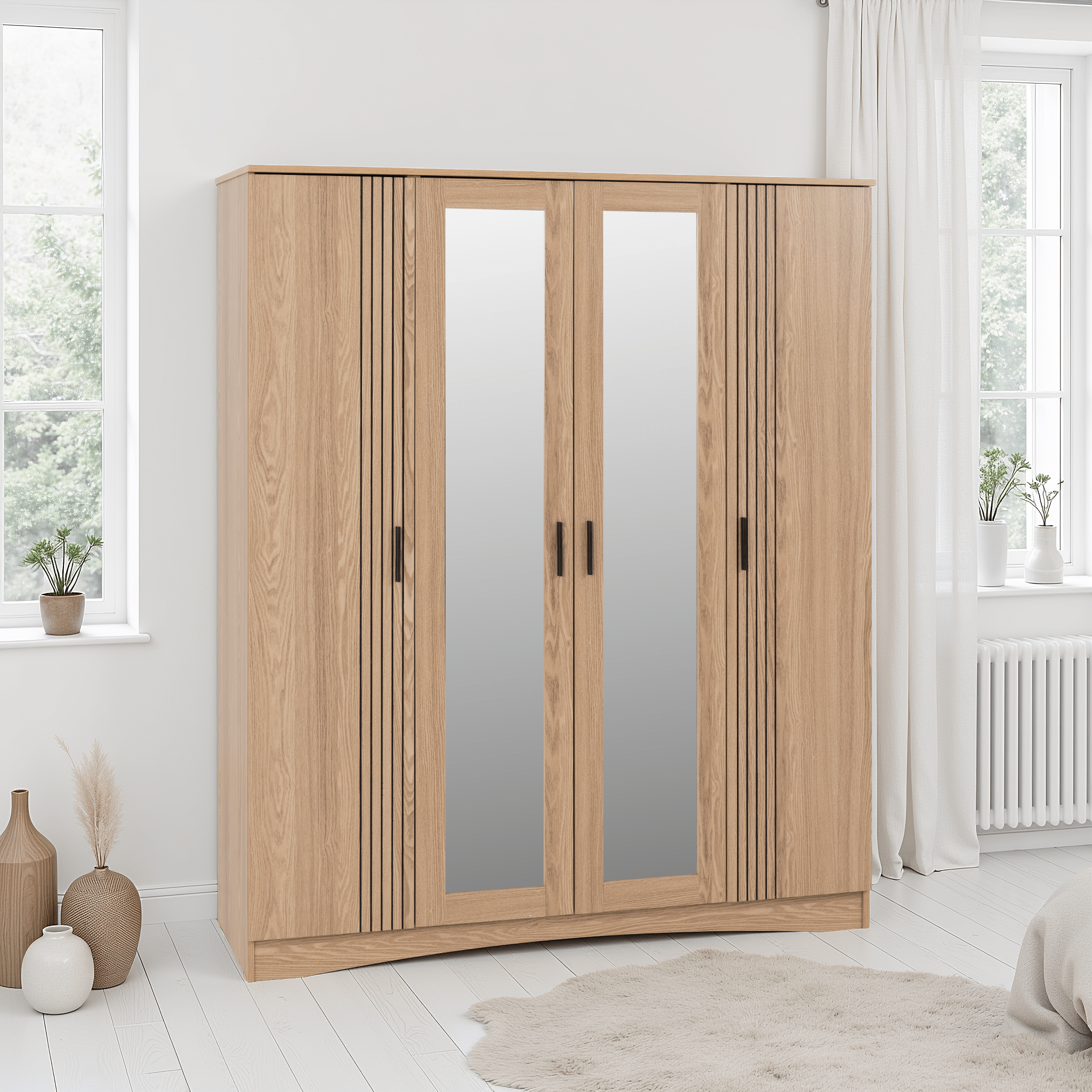 Tessa 4 Door Mirrored Wardrobe - Natural Oak Effect