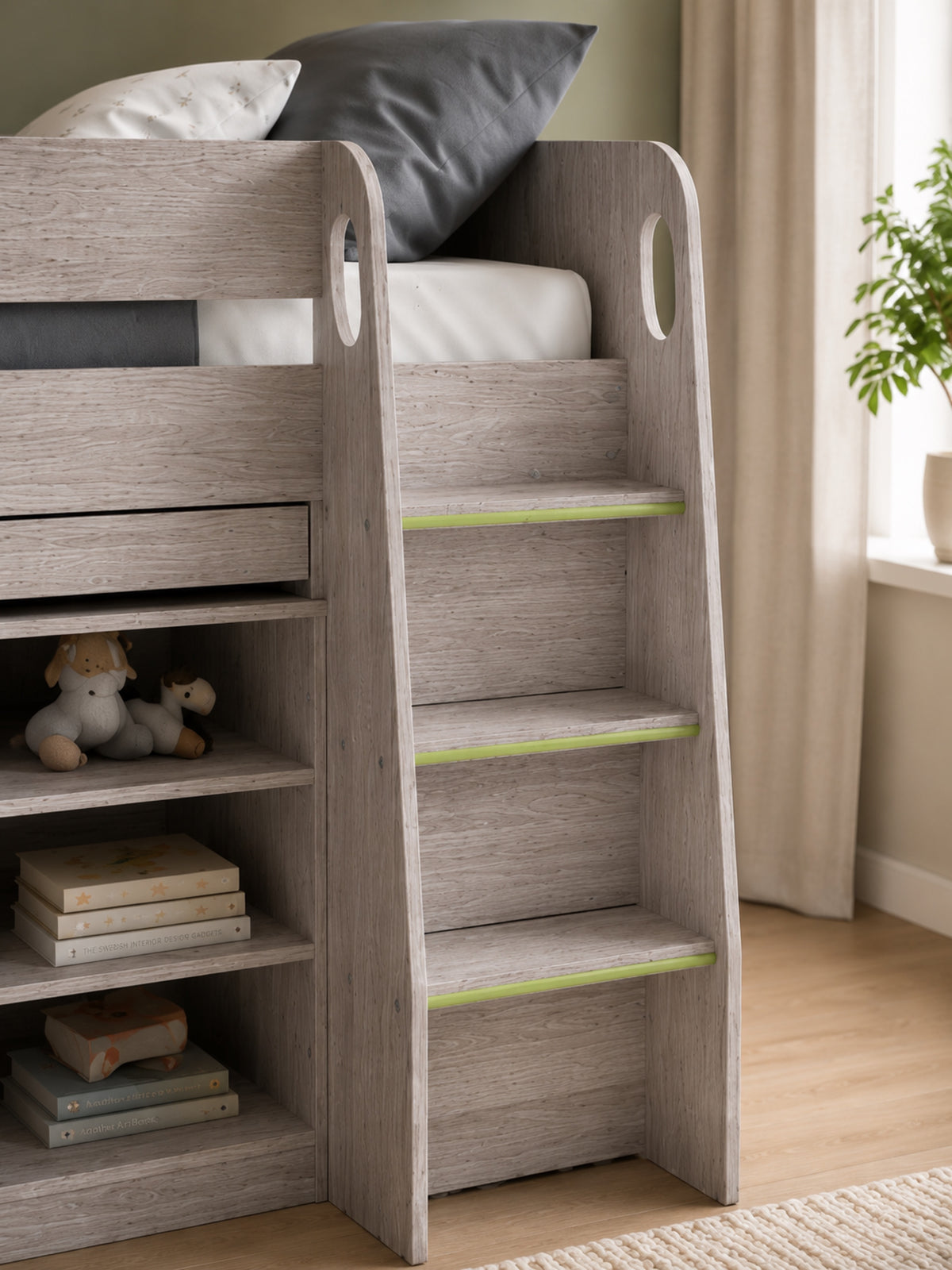 Vespa Mid Sleeper Bed with Pull-Out Desk & Storage - Grey Oak Effect, Single