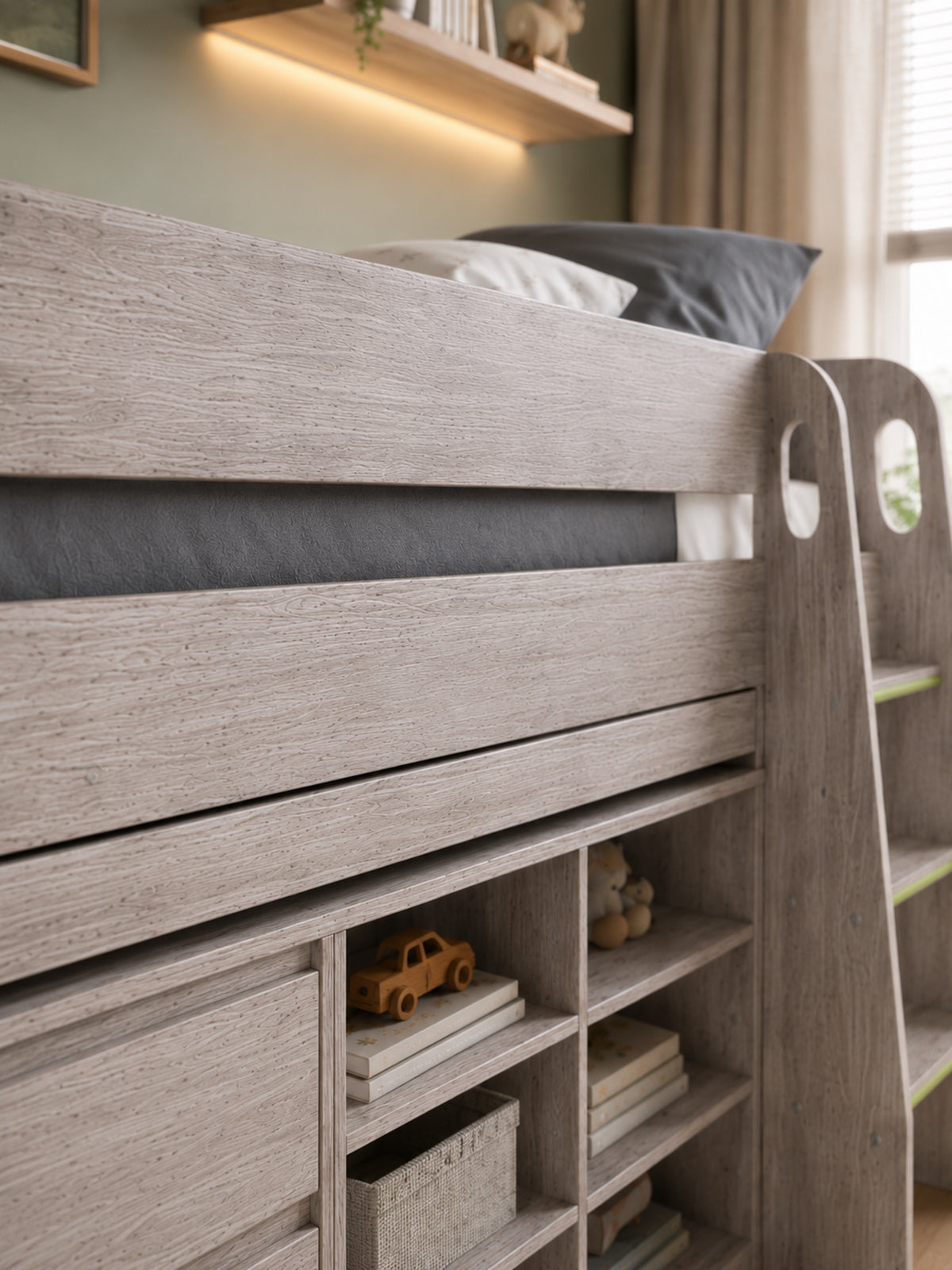 Vespa Mid Sleeper Bed with Pull-Out Desk & Storage - Grey Oak Effect, Single