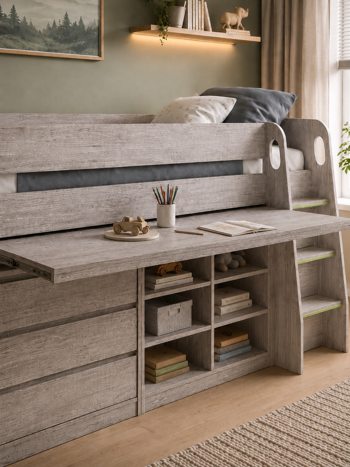 Vespa Mid Sleeper Bed with Pull-Out Desk & Storage - Grey Oak Effect, Single