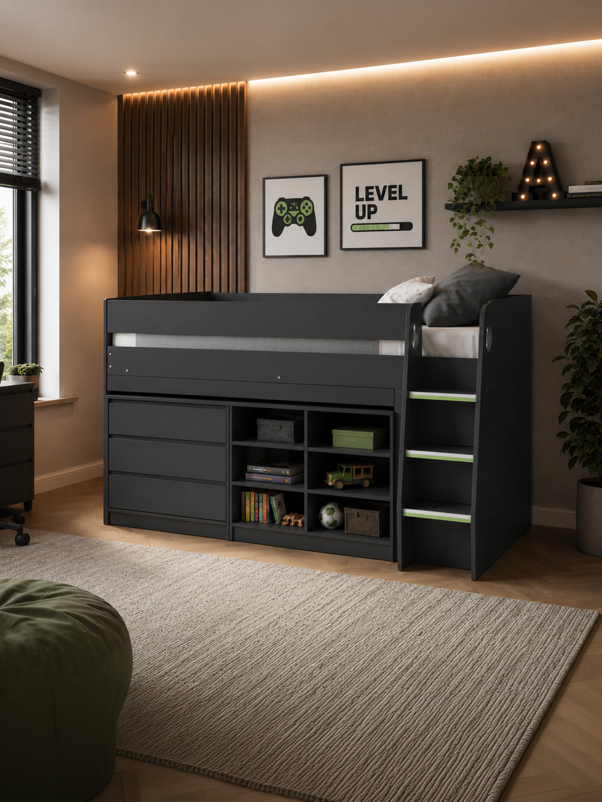 Vespa Mid Sleeper Bed with Pull-Out Desk & Storage - Anthracite, Single