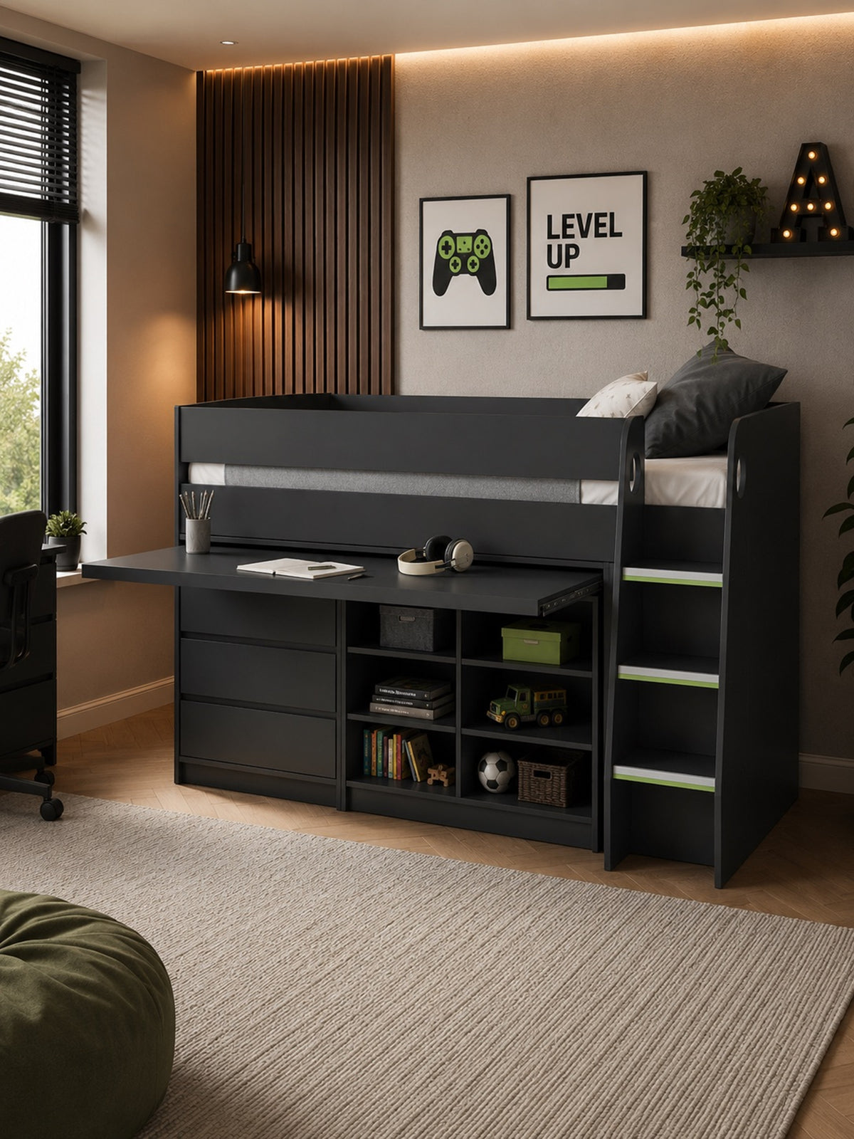 Vespa Mid Sleeper Bed with Pull-Out Desk & Storage - Anthracite, Single