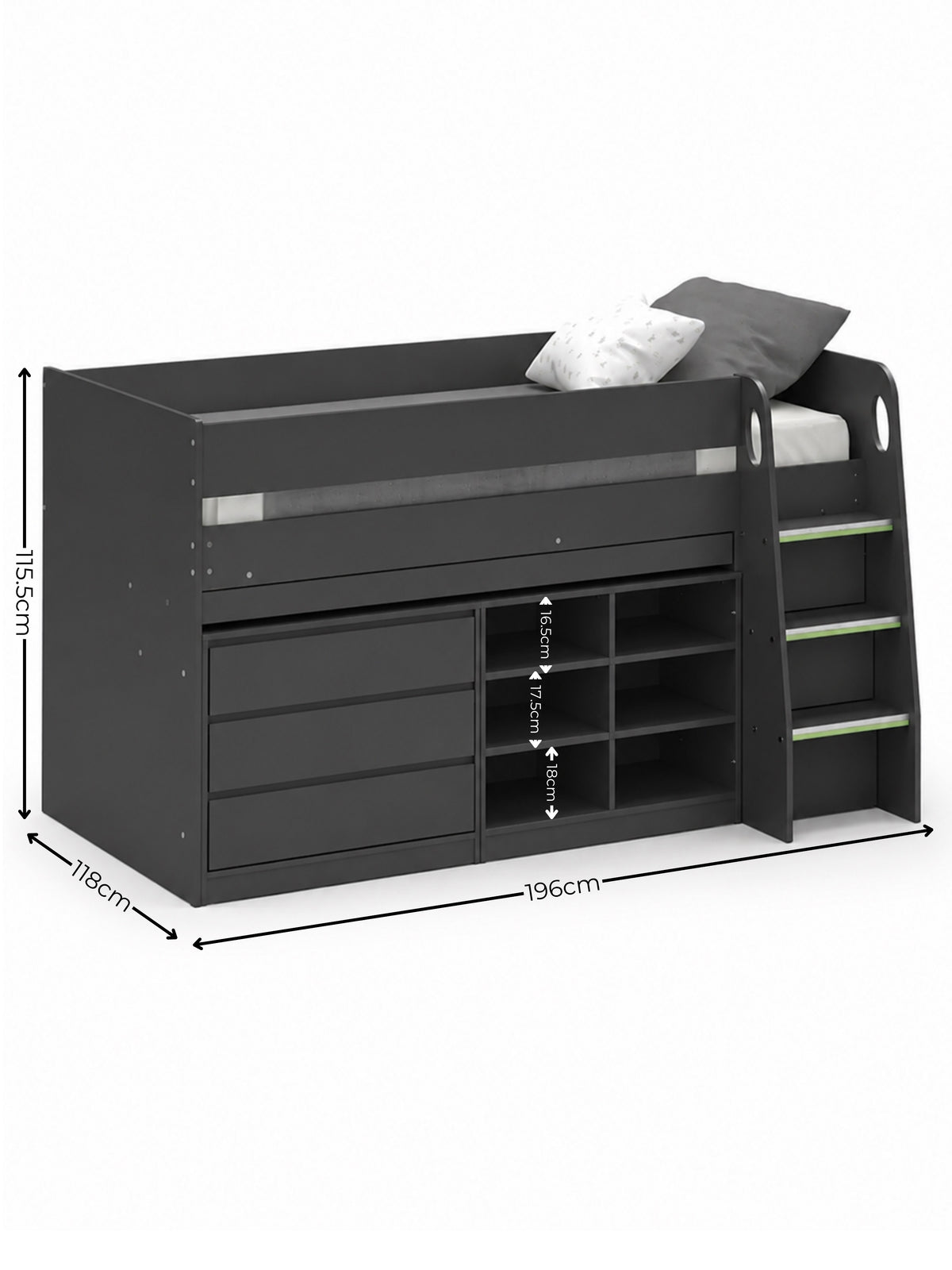 Vespa Mid Sleeper Bed with Pull-Out Desk & Storage - Anthracite, Single